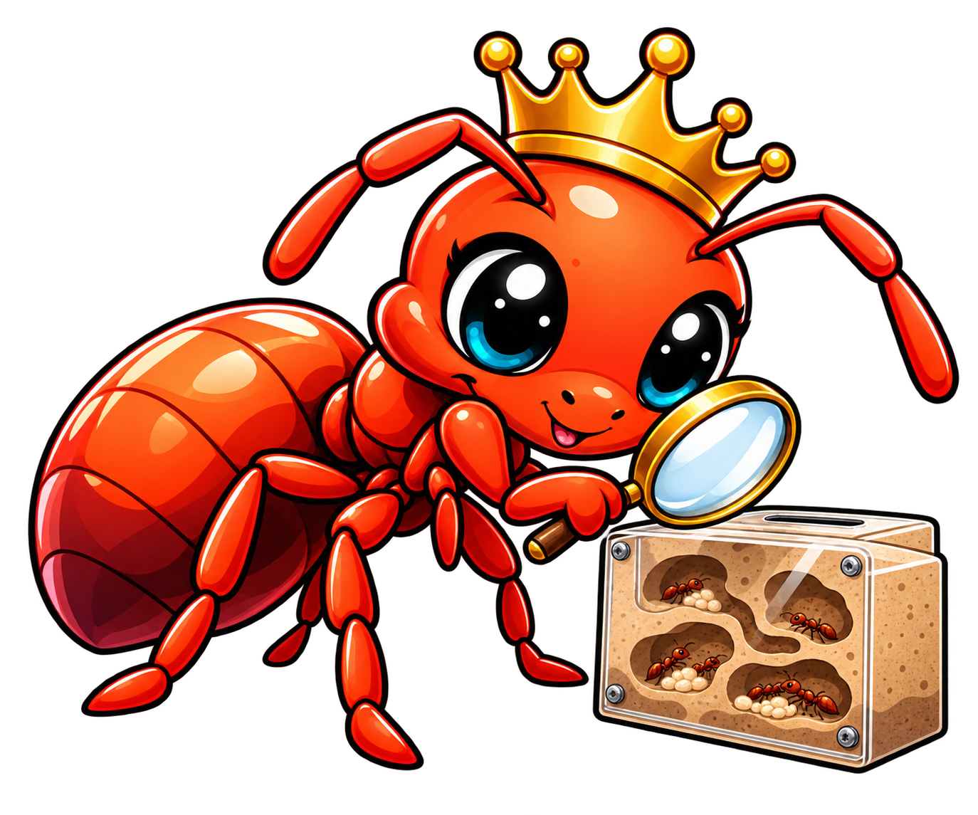 Ember inspecting a formicarium with a magnifying glass